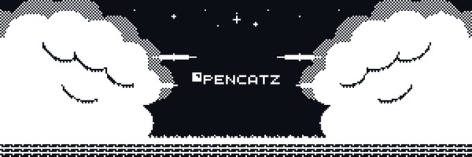 A black-and-white pixel art banner features the text "OPENCATZ" centered between two cloud formations against a starry night sky, celebrating the sold-out mint of the Opencatz NFT collection and inviting holders to join the community Discord for continued development.