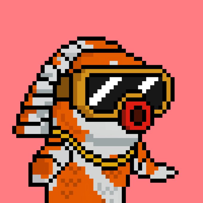 A pixel art illustration of an orange and white character wearing a large helmet/goggles and a red chain necklace against a solid pink background.