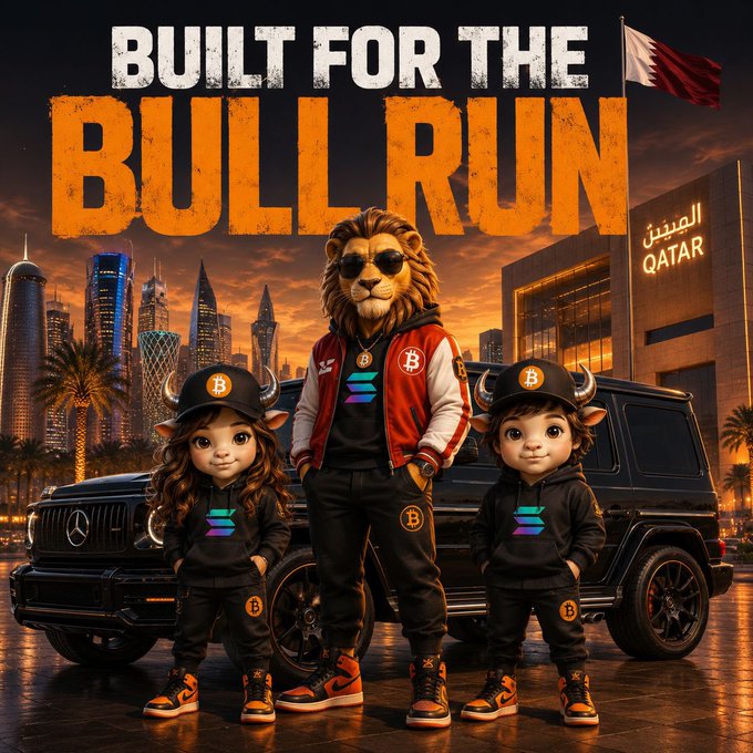 A promotional image reading 'BUILT FOR THE BULL RUN' featuring a lion-headed character wearing sunglasses and Bitcoin-themed streetwear, flanked by two bull-headed characters, with the Qatar flag and a Mercedes SUV in the background.