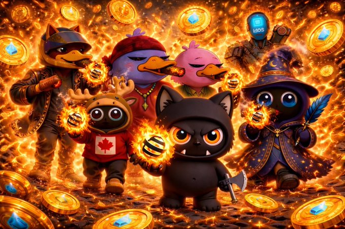 The image features a group of cartoon animals, including a cat, a bird, and other characters, standing together with their arms raised high. The animals are dressed up for Halloween, wearing costumes that include hats and masks. They appear to be posing for a photo or participating in an event related to the holiday season.