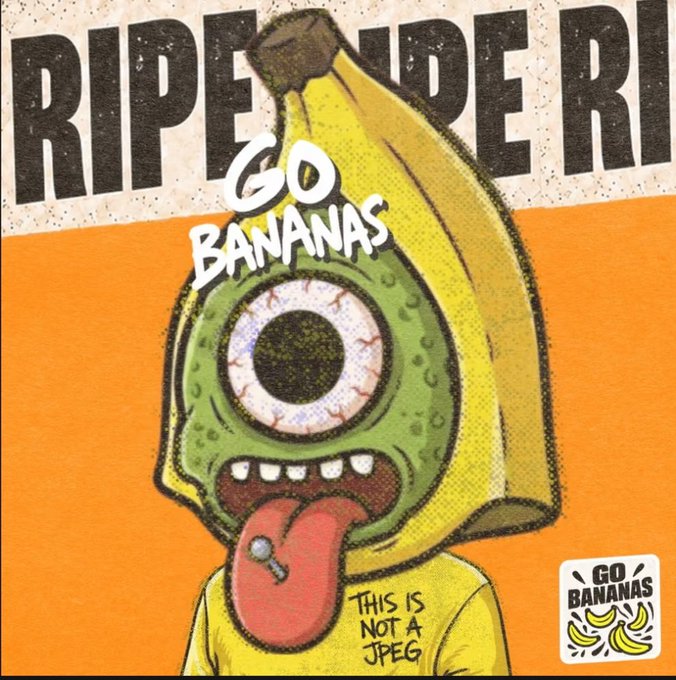 Stylized album/poster artwork reading 'GO BANANAS' showing a green cyclops monster with a long tongue wearing a yellow banana peel hat, with text 'THIS IS NOT A JPEG' and a 'GO BANANAS' logo in the corner.