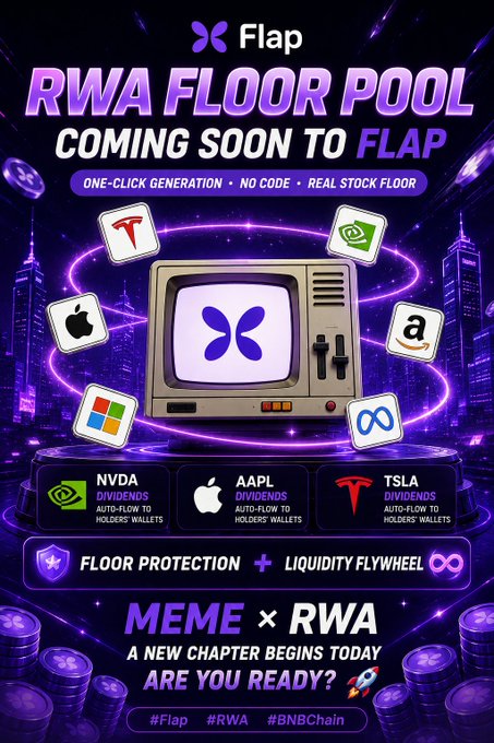 Purple promotional graphic for 'Flap RWA FLOOR POOL COMING SOON TO FLAP' advertising 'ONE-CLICK GENERATION • NO CODE • REAL STOCK FLOOR' with company logos (NVDA, Apple, Tesla, Microsoft, Amazon, Meta) and ticker symbols NVDA, AAPL, TSLA.