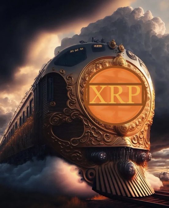 A striking, ornate train emblazoned with the XRP logo is depicted, evoking the feeling of embarking on a journey with the cryptocurrency, as suggested by the post.
