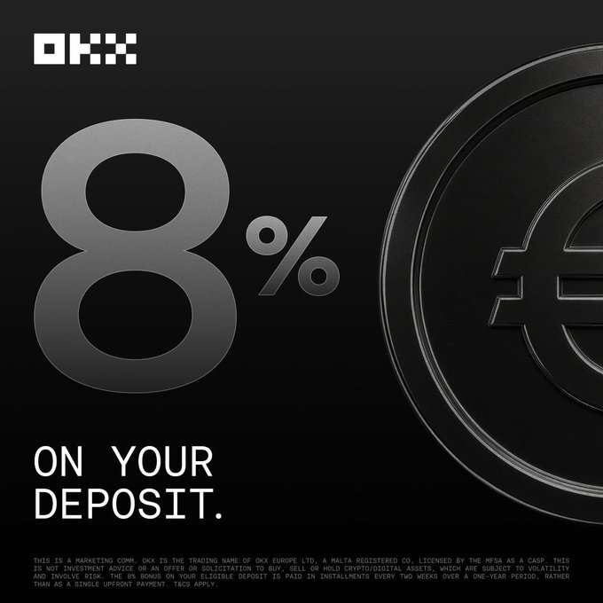 A promotional graphic for OKX advertising '8% ON YOUR DEPOSIT' in large silver text next to a dark coin bearing the OKX logo, with fine print disclaimer at the bottom.
