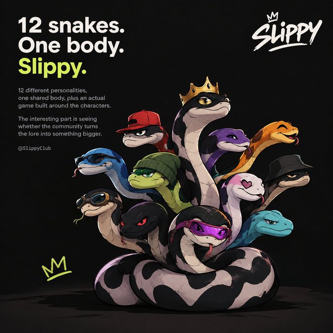 Promotional artwork for 'Slippy' features a hydra-like creature with 12 differently styled snake heads and the tagline '12 snakes. One body. Slippy.'