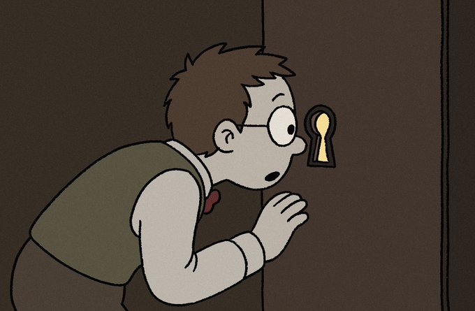 A cartoon man with glasses peers intently through a keyhole in a dark door, his expression one of curious anticipation—mirroring the post's invitation to not "sleep on" a hidden opportunity and peek into the $cookold airdrop by retweeting and dropping a wallet.