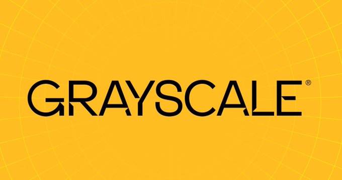 The Grayscale logo displayed in bold black text on a bright yellow background with subtle radial line patterns.