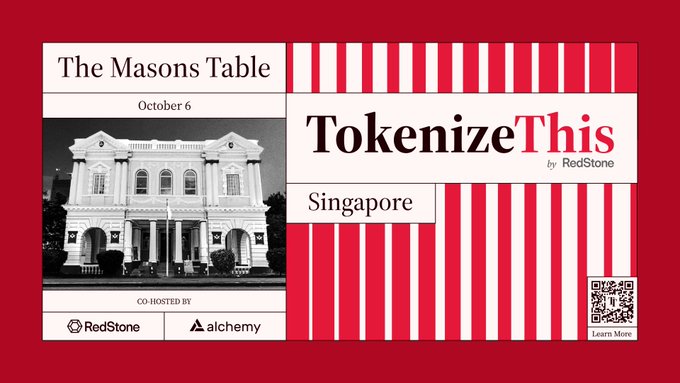 A promotional graphic for **TokenizeThis Singapore**, held **October 6** at **The Masons Table** and co-hosted by **RedStone** and **Alchemy**. It features a historic venue photo, bold red-and-white stripes, and a QR code to learn more, highlighting limited-seat, high-signal discussions on the future of RWA markets alongside **TOKEN2049**.
