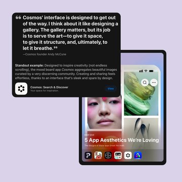 A screenshot showing a quote about designing a gallery interface to 'get out of the way' attributed to creator Andy McCune for Cosmos. Below the quote is a description for 'Cosmos: Search & Discover' and an image of a mobile phone displaying various app aesthetic designs.