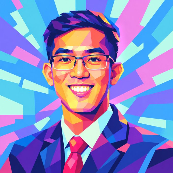 A vibrant pop-art style illustration of a smiling man wearing glasses and a suit against a colorful geometric background.