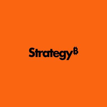 The image features the "Strategy®" logo in bold black text centered on a solid orange background. This branding aligns with the post's announcement about Strategy (formerly MicroStrategy) achieving a major milestone by becoming the world's 385th-largest public company.