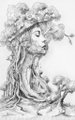 The image features a black and white drawing of a woman's face, which appears to be made out of tree branches or roots. The woman has long hair that flows down her back, adding to the artistic nature of the piece. The drawing is in black and white, giving it an old-fashioned feel. The post includes text that reads "Happy Tezos Day & Night! At Home @23ArtCollective". This suggests a connection between the artwork and a celebration or appreciation for art on a specific day or location.