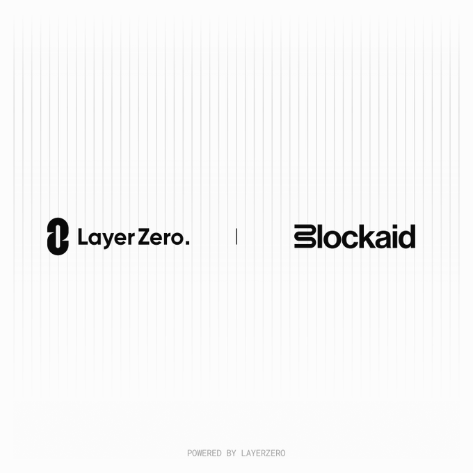 The image displays the LayerZero and Blockaid logos side by side with a vertical line separator, set against a minimalist white background with subtle vertical line patterns. At the bottom, small text reads "POWERED BY LAYERZERO," visually representing the partnership announcement for the Blockaid Bridge Sentinel DVN launch.