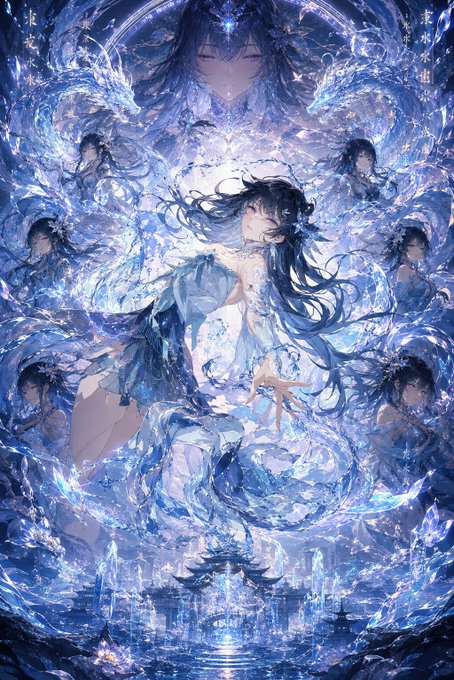 An anime-style digital illustration featuring a central blue-haired female figure surrounded by mirrored reflections, ice-like wings, and crystalline structures in a predominantly blue color palette.