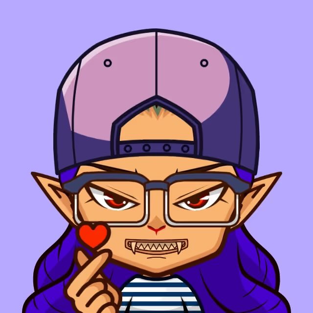 A cartoon-style character with pointed ears, glasses, a backwards purple cap, and a striped shirt smirks while holding up a small red heart.