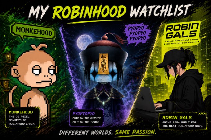 A graphic titled 'MY ROBINHOOD WATCHLIST' showcases three featured collections: 'MONKEHOOD' with a pixel monkey, 'PYOPYOPYOYO' featuring a mystical figure with Japanese text, and 'ROBIN GALS' showing an anime-style girl, with the tagline 'DIFFERENT WORLDS. SAME PASSION.'
