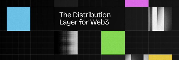 A graphic banner with a black grid background and colorful squares (blue, pink, green, yellow) displaying the text 'The Distribution Layer for Web3'.