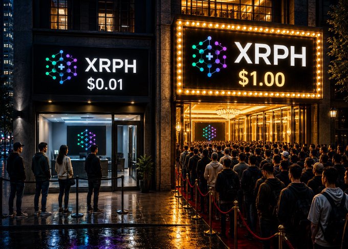 A dramatic nighttime scene shows a cryptocurrency exchange storefront with two displays: one showing 'XRPH $0.01' with a small crowd, and a larger theater-style marquee displaying 'XRPH $1.00' with a long line of people waiting to enter.