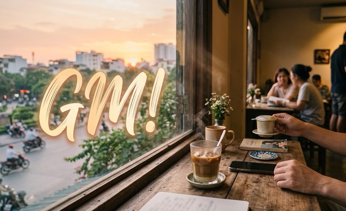 A view from inside a cafe looking out the window at a sunset street scene with motorbikes, with 'GMM!' written in large brushstroke text overlaid on the window, and patrons visible inside.