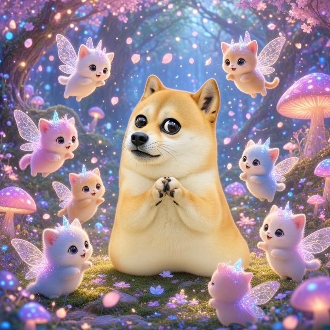 A whimsical digital illustration of a Shiba Inu dog surrounded by cute fairy-like creatures with wings in a magical forest filled with glowing mushrooms and cherry blossoms.