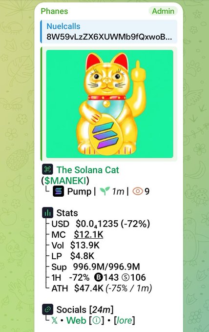 A Telegram-style post featuring "The Solana Cat ($MANEKI)" with a Maneki-neko lucky cat mascot, showing stats including $0.01235 USD (-72%) and $12.1K market cap on Pump.fun.