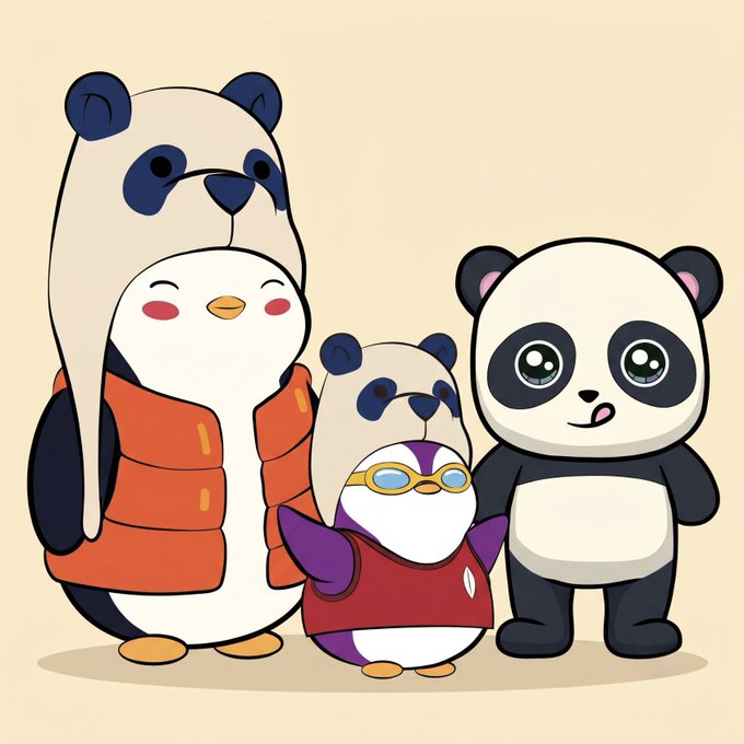 A cartoon illustration of three cute characters: a large panda wearing an orange vest, a small penguin in a red shirt and yellow goggles, and a panda with large eyes standing together against a beige background.