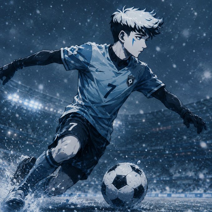 An anime-style illustration depicts a soccer player wearing jersey number 7 kicking a ball in a snowy stadium.