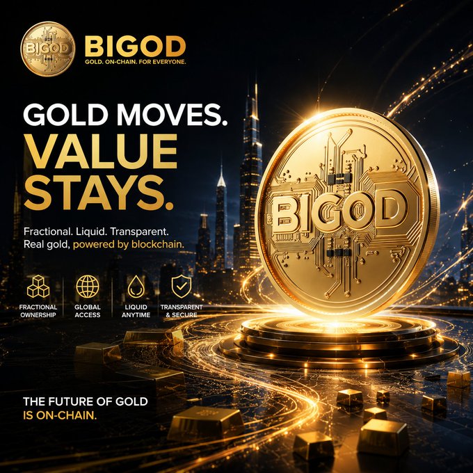 An advertisement for 'BIGOD - GOLD. ON-CHAIN. FOR EVERYONE.' featuring a glowing gold coin on a pedestal with the tagline 'GOLD MOVES. VALUE STAYS' and 'THE FUTURE OF GOLD IS ON-CHAIN.' highlighting features like fractional ownership, global access, liquid anytime, and transparent & secure.