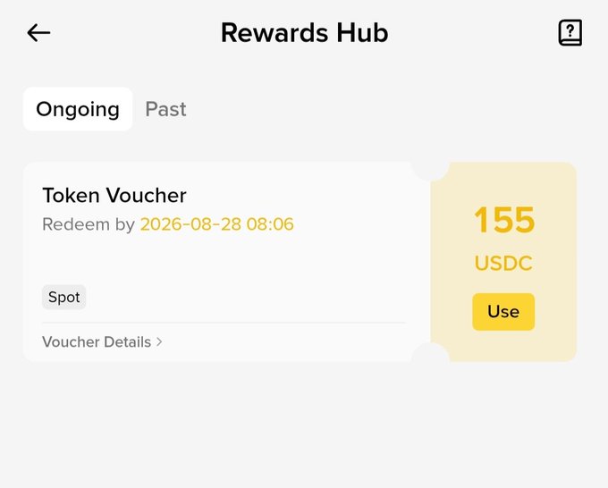 A screenshot of Binance's Rewards Hub showing an unredeemed Token Voucher for 155 USDC, valid through 2026-08-28, as the Independence Day reward from the Binance MENA Spin Offer mentioned in the post.