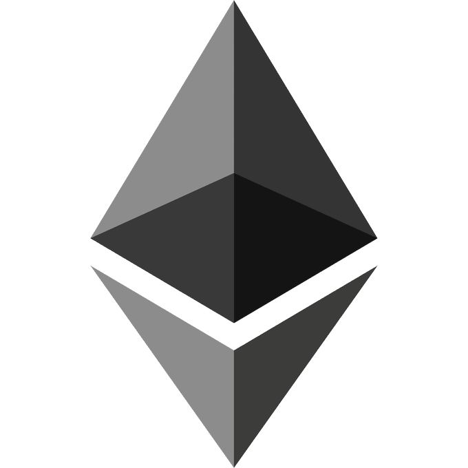 Ethereum (ETH) logo, the geometric diamond-shaped octahedron symbol in gray against a black background.