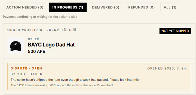 An order status screenshot showing an 'IN PROGRESS' order #5D511019 for a 'BAYC Logo Dad Hat' priced at 500 APE, with an open dispute noting the seller hasn't shipped.