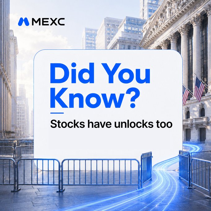 The image shows a promotional graphic from MEXC cryptocurrency exchange featuring a "Did You Know?" headline with the text "Stocks have unlocks too" displayed against a backdrop of the New York Stock Exchange building, including its iconic columns and American flags, with blue light trails and metal barricades in the foreground. The graphic visually reinforces the post's message by pairing the financial concept of stock unlocks with imagery of traditional equity markets, bridging the gap between crypto and stock trading terminology.