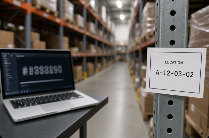 A laptop on a table displays '##383890' while a white label reading 'LOCATION A-12-03-02' is attached to a warehouse rack filled with boxes.