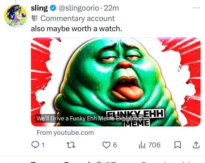 Twitter post by @slingoorio sharing a YouTube video thumbnail titled 'We'll Drive a Funky Ehh Meme Explained' featuring a green creature face.