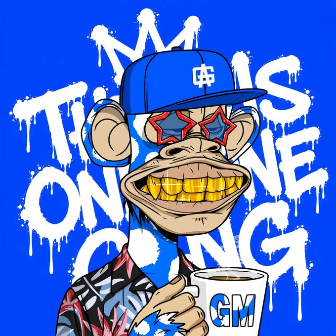 A Bored Ape NFT character wearing a blue cap with 'GM' logo and star-shaped sunglasses, set against a graffiti-style 'GM' text background in blue.
