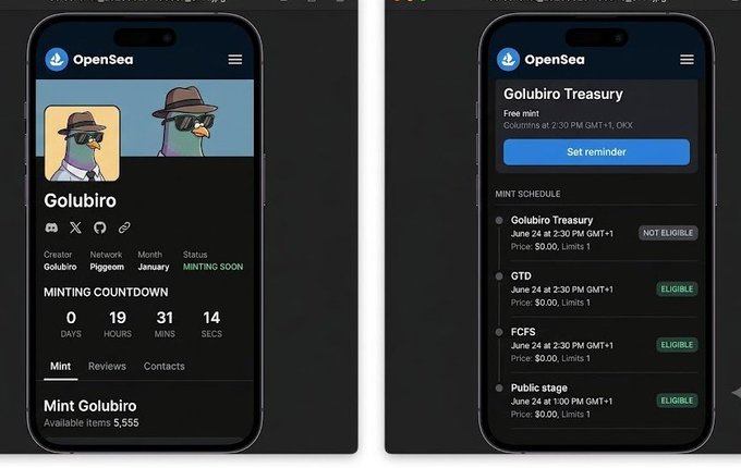 The image shows two cell phones side-by-side with a website displayed on both of them. The website appears to be related to the game Mint Golubiro, which is known for its unique gameplay experience. The phones are positioned next to each other, and there's text visible in the image that reads "Eligible to mint golubiro MP $1,6 Supply 5,555 Pj Highlighted by OS Expecting decent cook". This suggests that the phones might be used by someone who is interested in playing Mint Golubiro or has recently purchased one of these devices.