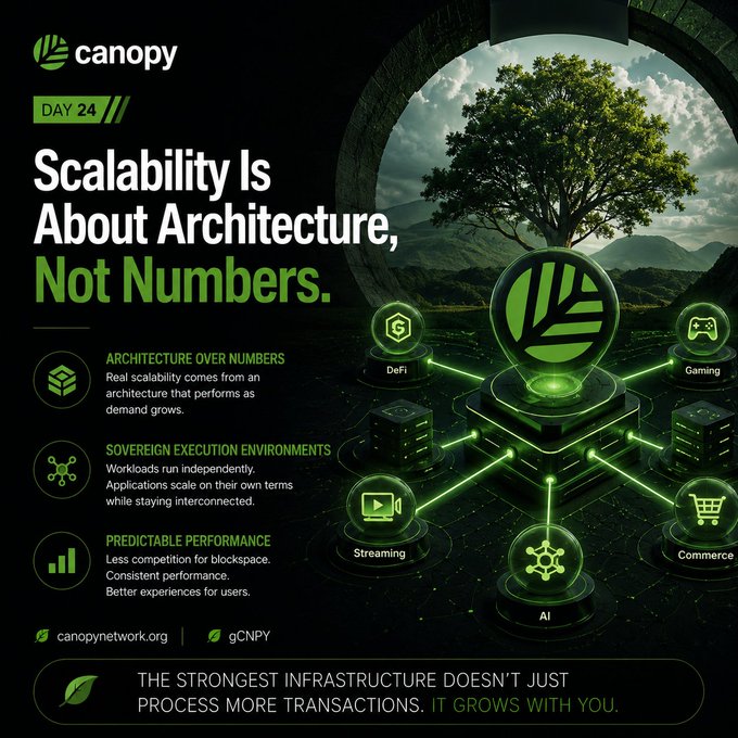A dark green 'Canopy' blockchain promotional poster (Day 24) titled 'Scalability Is About Architecture, Not Numbers,' highlighting Architecture over Numbers, Sovereign Execution Environments, and Predictable Performance for DeFi, Gaming, Streaming, Commerce, and AI.