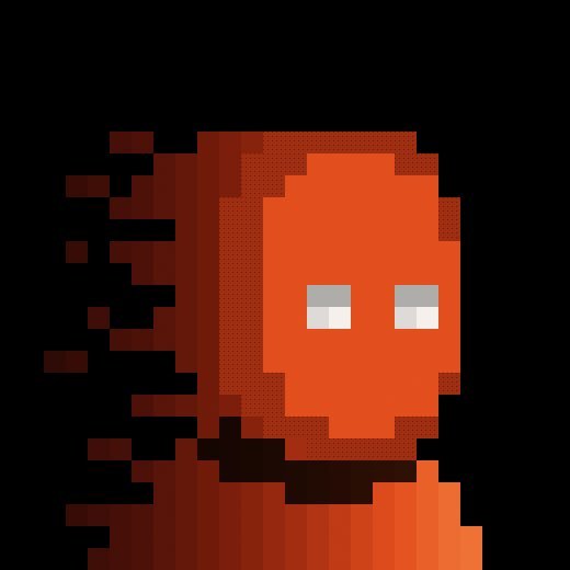 A pixel art illustration of a red/orange character with empty white eyes against a black background.
