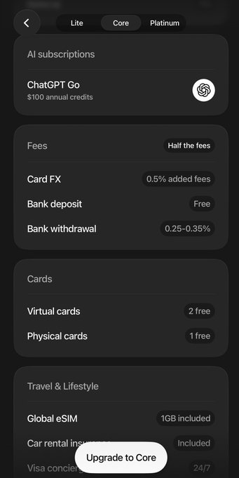 A mobile app interface shows a subscription tier comparison (Lite, Core, Platinum) for what appears to be a banking/fintech service, highlighting features like ChatGPT Go, fees, cards, and travel benefits, with an 'Upgrade to Core' button at the bottom.