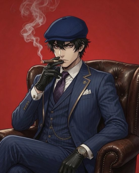 The image features a man wearing a suit, hat, and gloves sitting in a chair with his hands near his mouth while smoking a cigar. The background of the image has red hues that match the color of the suit he's wearing. There is also text present on the image which reads "We ride and die for Solana. @Backpack and @MadLads on top... Boss @armaniferrante when BP PH?". This suggests that the man in the image might be a fan of the popular TV show "Solana" or he could be wearing a suit with a similar color scheme to the character's outfit from the show.