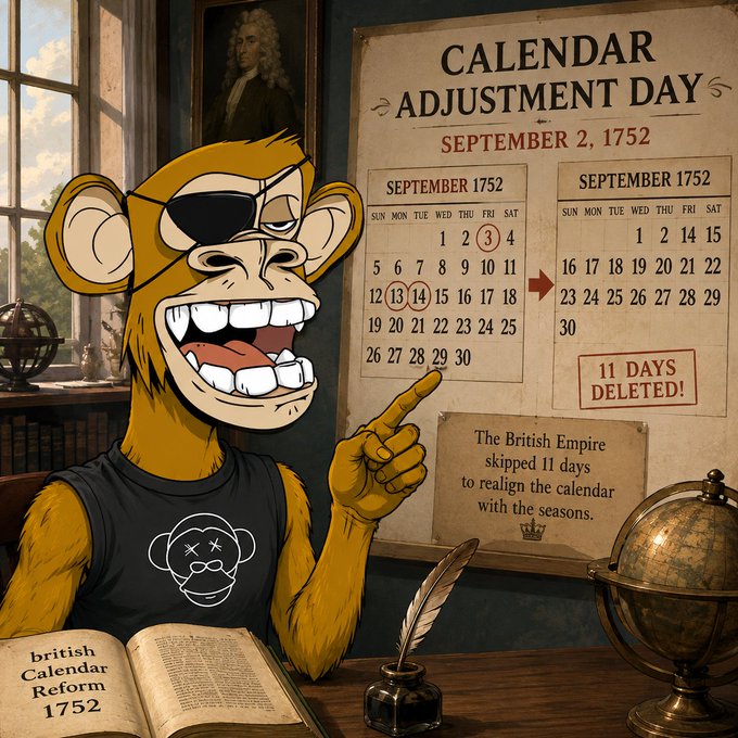 An illustration of an eyepatch-wearing cartoon monkey pointing at a "CALENDAR ADJUSTMENT DAY SEPTEMBER 2, 1752" poster explaining that "11 DAYS DELETED!" was needed for "British Calendar Reform 1752" to realign with the seasons.