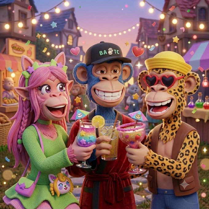 The image features three anthropomorphic cartoon animals - a monkey, a leopard (or cheetah), and a giraffe - standing together with drinks in their hands. The animals are holding glasses filled with colorful drinks that appear to be cocktails or mixed drinks. The background of the image is decorated with lights, giving it a festive atmosphere.

The post congratulating them on joining the Yuga Labs team is written in the caption below the image.