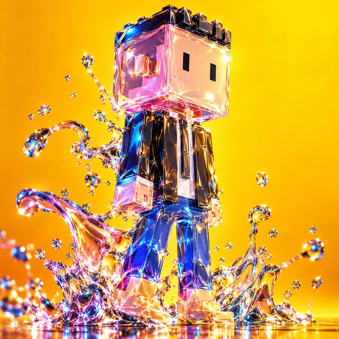 A vibrant 3D rendered artwork of a blocky, pixelated character made of transparent crystalline material with pink and blue hues, surrounded by splashing water droplets against a bright yellow background.