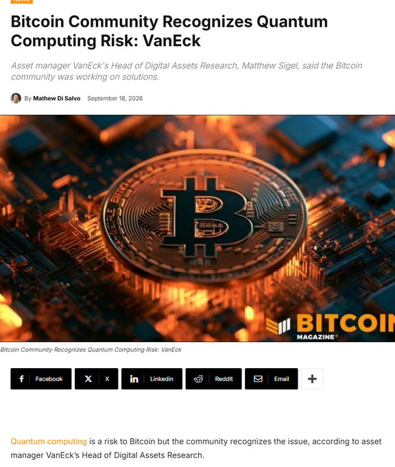 A Bitcoin Magazine article headline reading 'Bitcoin Community Recognizes Quantum Computing Risk: VanEck' by Matthew Di Salvo, dated September 18, 2026, featuring a glowing Bitcoin graphic.