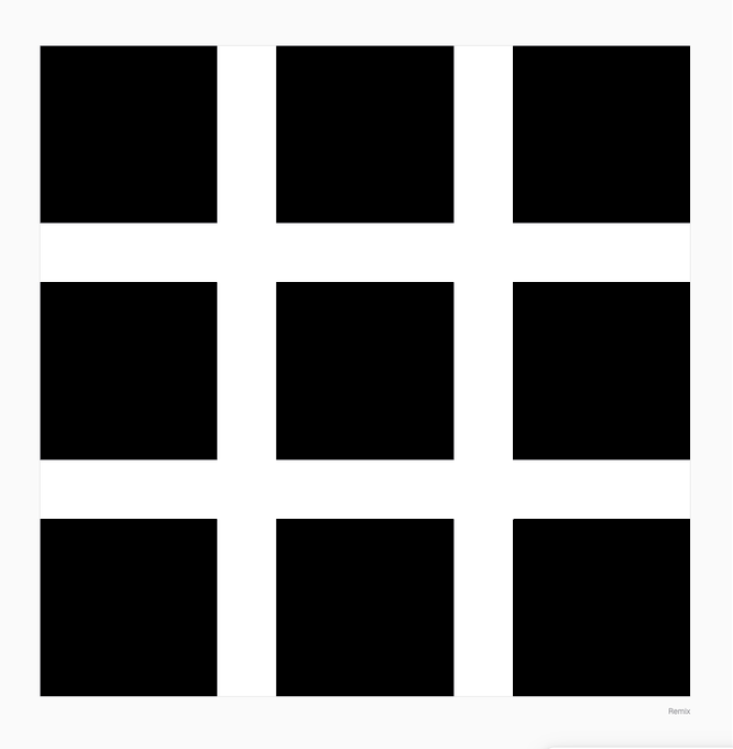 A grid layout contains nine solid black rectangular placeholders arranged in a 3x3 pattern on a white background, with 'Remix' written in the bottom right corner.