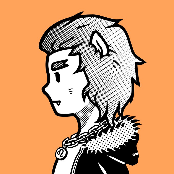 A black and white halftone-style illustration of a punk-styled anime character with spiky hair, a chain necklace, and a jacket, set against an orange background.