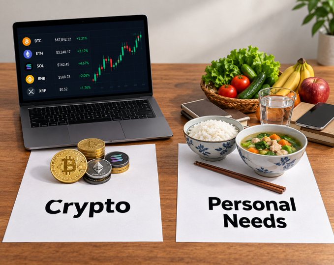 A split-scene showing a laptop displaying cryptocurrency prices (BTC, ETH, SOL, BNB, XRP) on a sign labeled 'Crypto' next to a meal of rice, soup, and fresh produce on a sign labeled 'Personal Needs'.