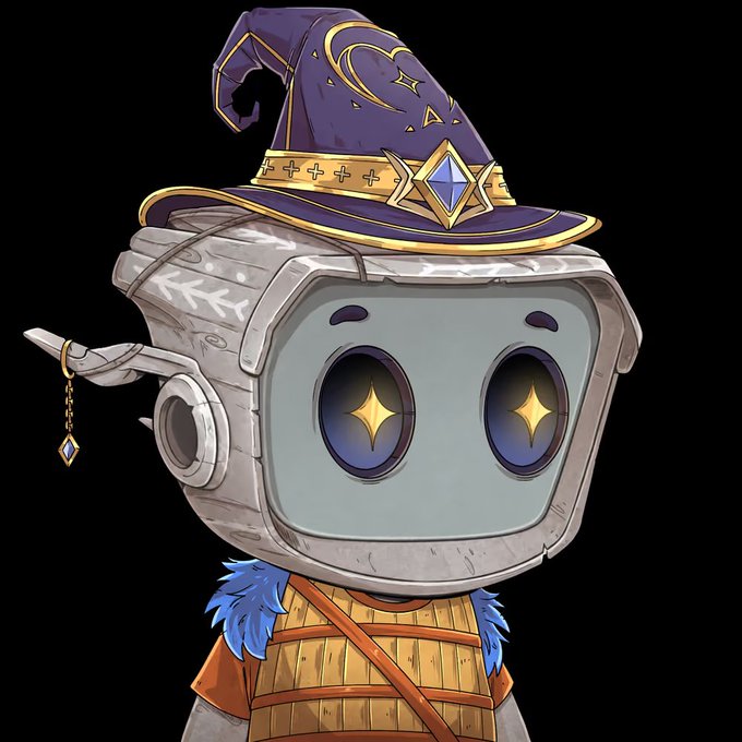 A digital illustration of a small robot character with a metallic cube-shaped head featuring glowing star-shaped eyes, wearing a purple wizard hat with gold trim and a brown tunic.