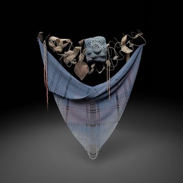 A sculptural assemblage displayed against a black background features an inverted denim garment holding various organic and wire elements.