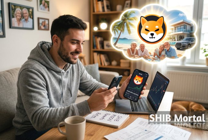 A promotional image for 'SHIB Mortal' featuring a man looking at his phone with thought bubbles showing cryptocurrency Shiba Inu, family, beach, a house, and an SUV.